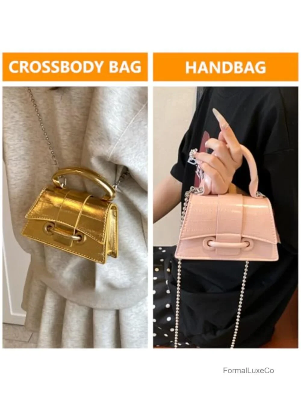 Faux Leather Mini Crossbody Handbag with Pearl Chain Strap for Prom Wedding